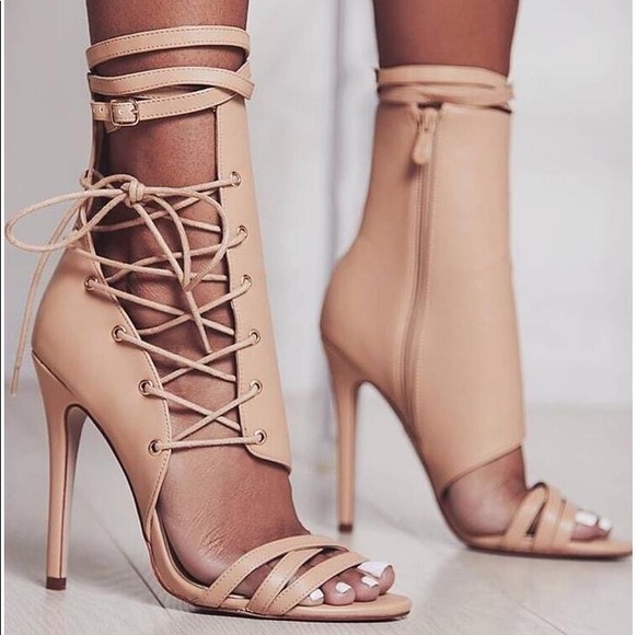 Shoes - Lace Up Ankle Strap Beige High Heels